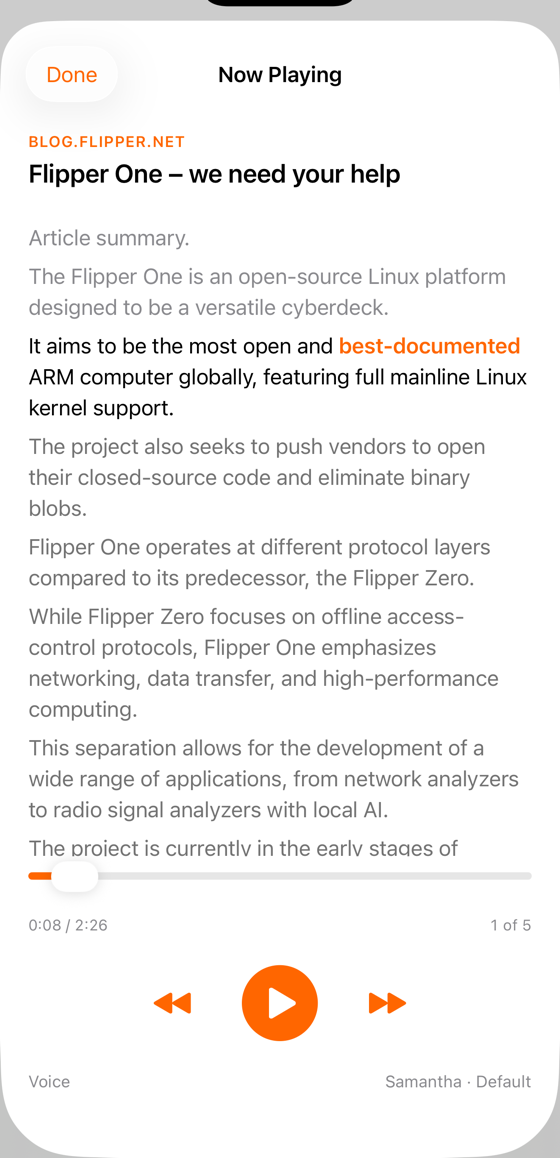 Now Playing — Gemini 3.5 Flash article summary streaming in spoken audio with playback controls