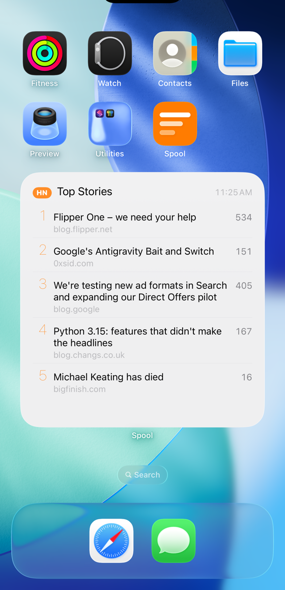 iPhone home screen with the Spool widget showing the top 5 Hacker News stories